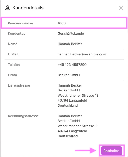 Kundendetails-Panel mit Kundennummer, Kontaktdaten, Adressen und Schaltfläche Bearbeiten