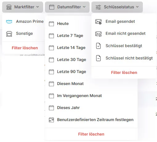 Geöffnete Filter für Marktplatz, Datum und Schlüsselstatus wie „Email gesendet“ oder „bestätigt“