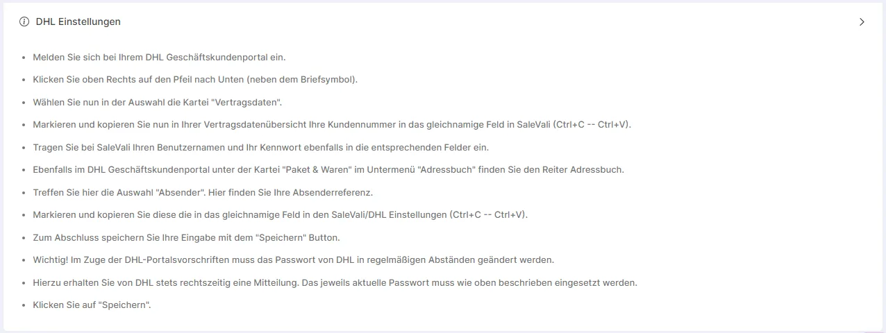 Anleitung zum Eintragen der DHL-Kundennummer und Absenderreferenz aus dem Geschäftskundenportal.