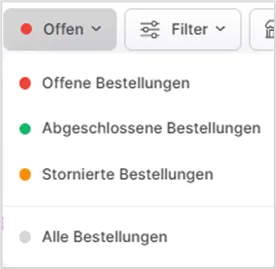 Statusfilter-Dropdown mit den Optionen Offene, Abgeschlossene, Stornierte und Alle Bestellungen