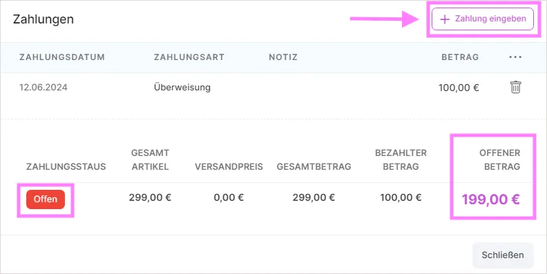 Modal „Zahlungen“ mit Zahlungsverlauf, offenem Betrag und Schaltfläche „Zahlung eingeben“