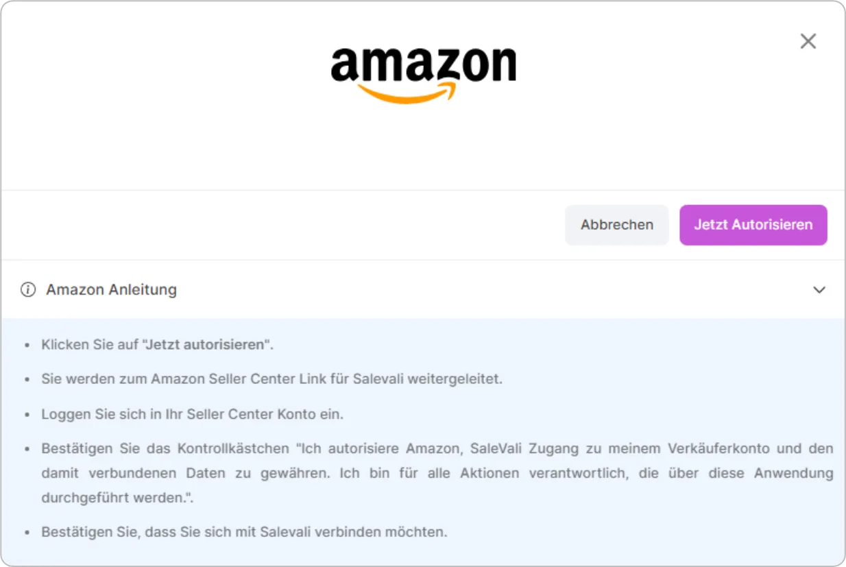 Amazon-Autorisierungsdialog mit Schritten zum Verbinden des Seller-Center-Kontos.