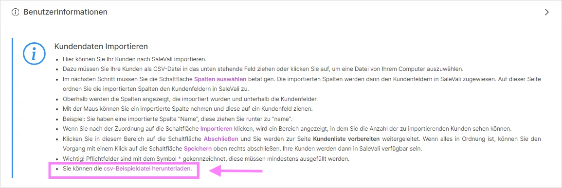 Infobox zum Importieren von Kundendaten mit Link zur CSV-Beispieldatei