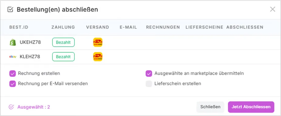 Dialog „Bestellung(en) abschließen“ mit Optionen für Rechnungserstellung, Versand und Marktplatzübermittlung