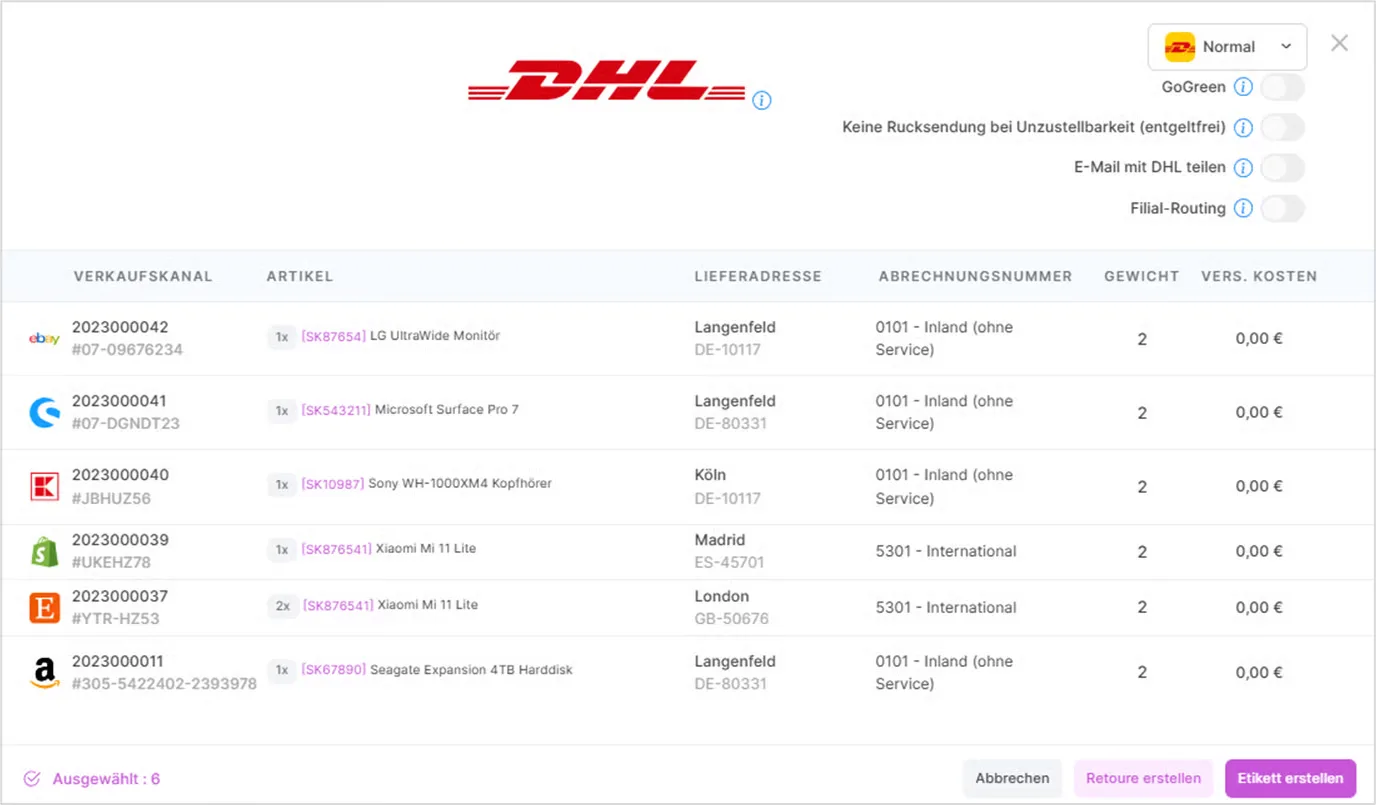 DHL-Versandfenster mit Serviceoptionen wie GoGreen und Filial-Routing sowie der Liste ausgewählter Bestellungen