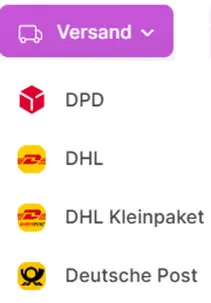 Dropdown-Menü „Versand“ mit den Versanddienstleistern DPD, DHL, DHL Kleinpaket und Deutsche Post