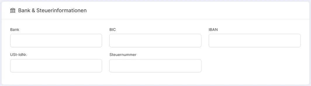 Formularfelder für Bank- und Steuerinformationen wie IBAN und Steuernummer