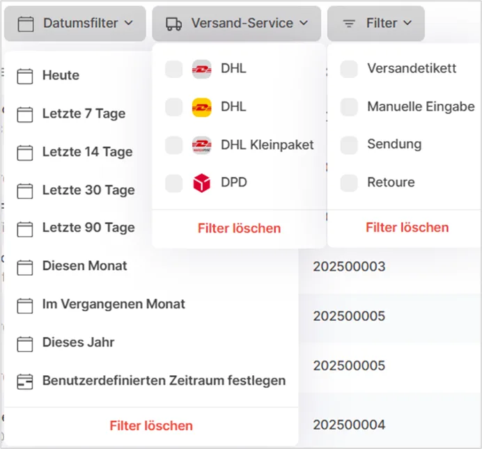 Geöffnete Filter für Datum, Versanddienstleister (DHL, DPD) und Etikettentyp