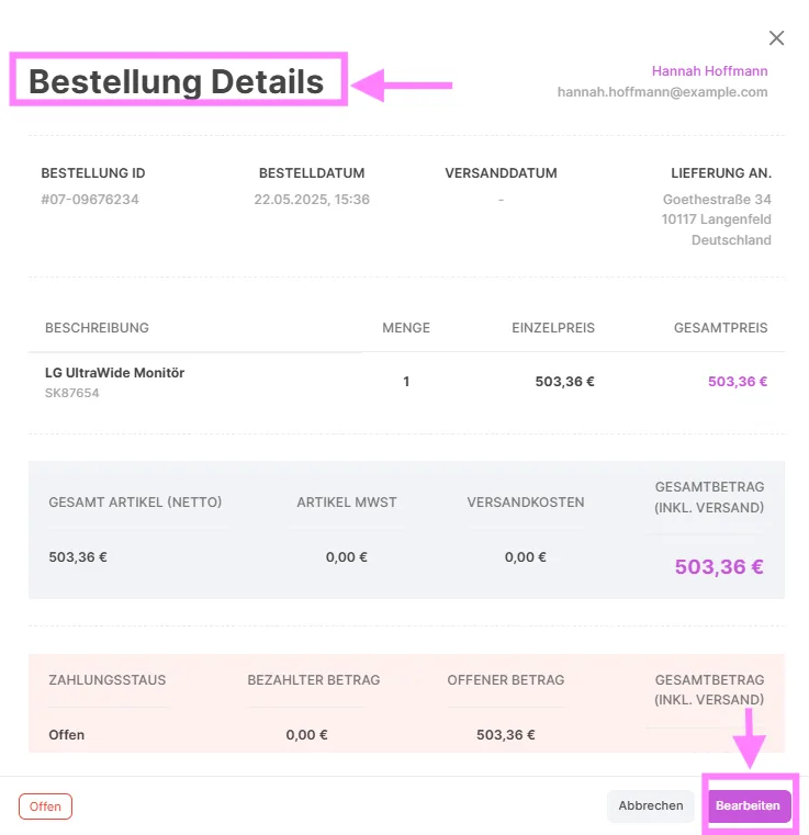 Bestelldetails-Fenster mit Artikeln, Beträgen, Zahlungsstatus und der Schaltfläche „Bearbeiten“