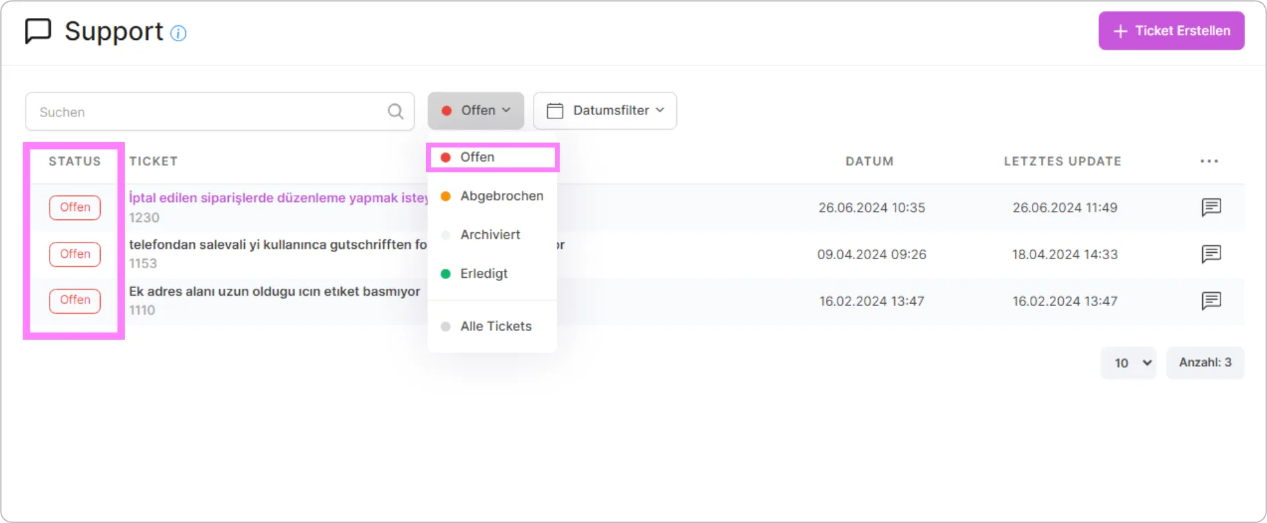 Ticketliste mit Status „Offen“ und geöffnetem Dropdown zur Auswahl des Ticketstatus