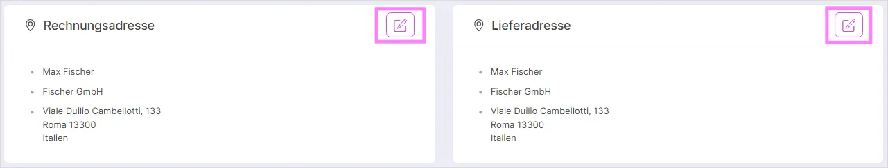 Rechnungs- und Lieferadresse mit Schaltflächen zum Bearbeiten