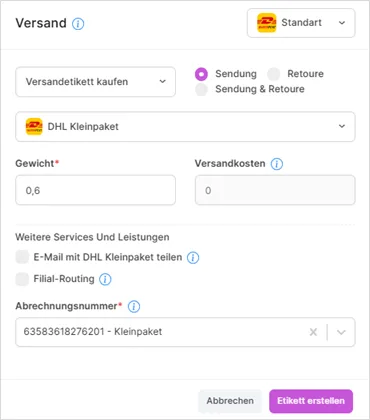 Versandfenster zum Erstellen eines DHL-Kleinpaket-Etiketts mit Gewicht und Abrechnungsnummer