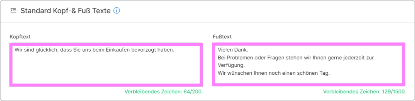 Eingabefelder für Standard-Kopf- und Fußtext auf Belegen