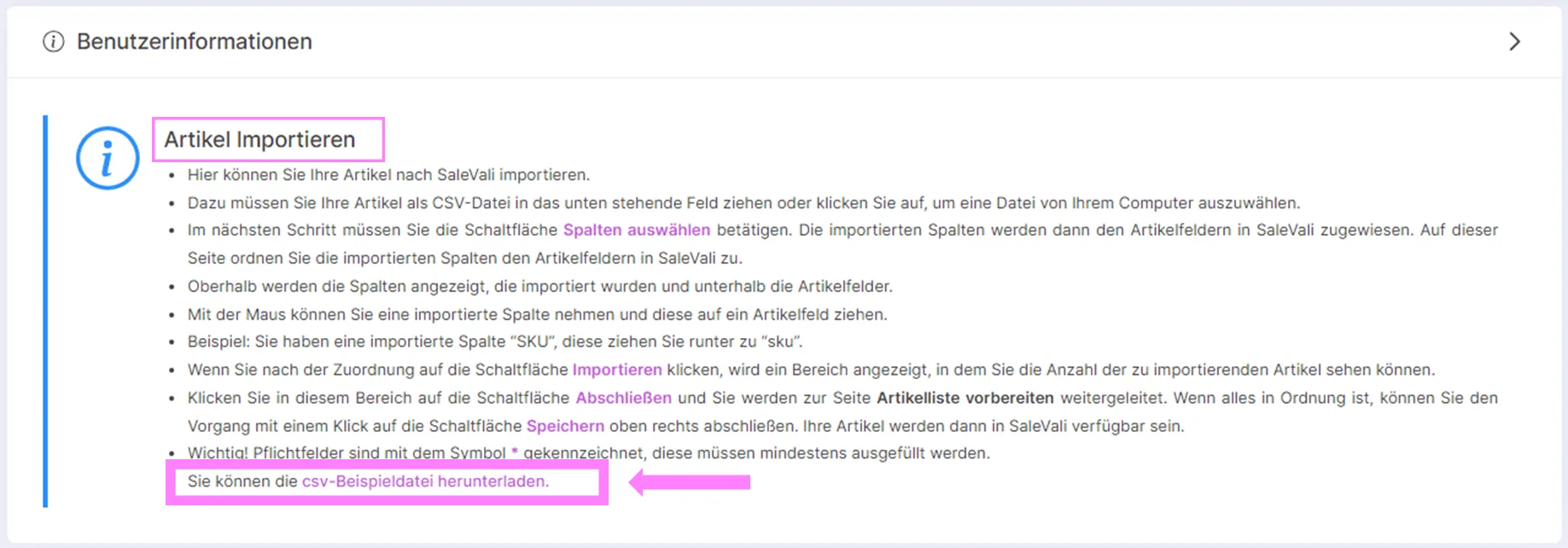 Vorschau der CSV-Artikeldaten mit Spaltenüberschriften und Schaltfläche Spalten auswählen