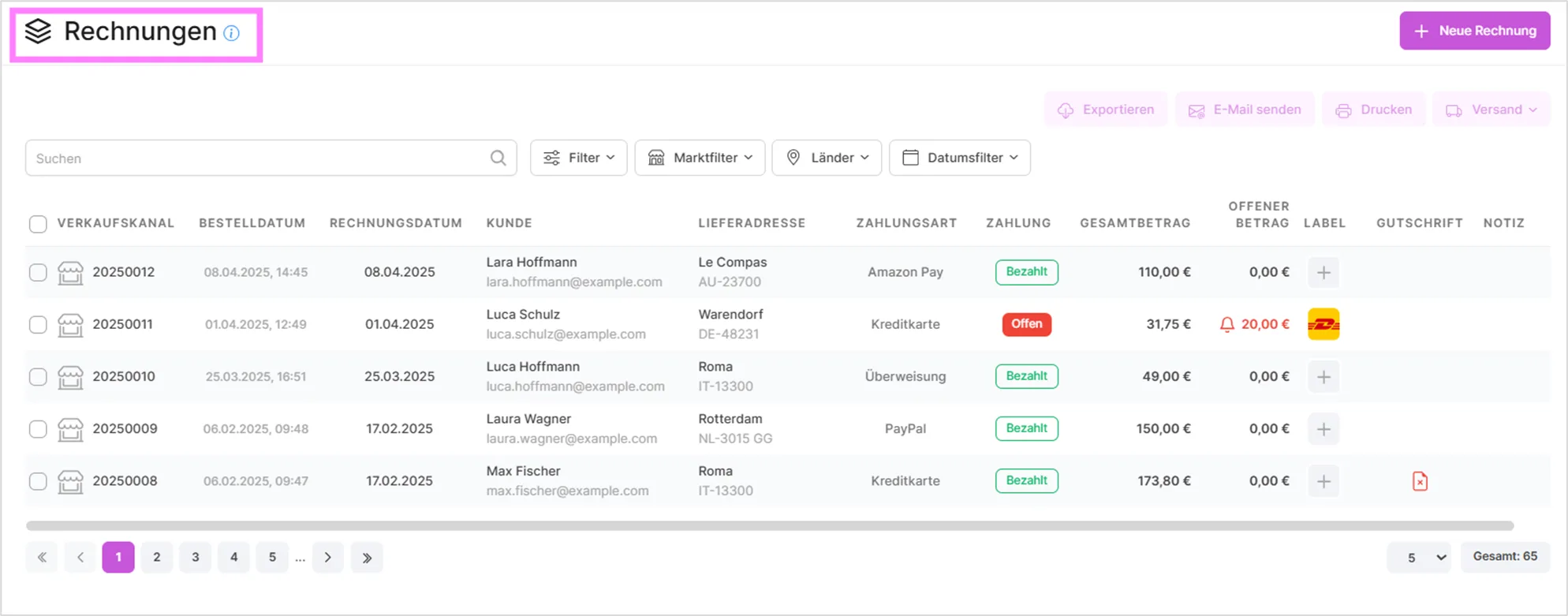 Tabelle mit Rechnungen inklusive Kunde, Lieferadresse, Zahlungsart, Zahlungsstatus und Gesamtbetrag