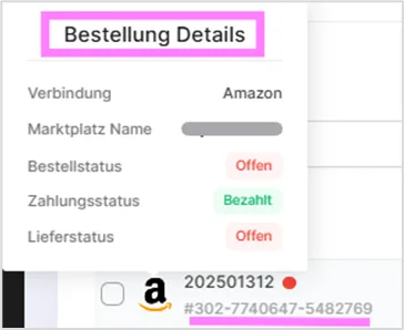 Kurzinfo „Bestellung Details“ mit Verkaufskanal, Bestell-, Zahlungs- und Lieferstatus