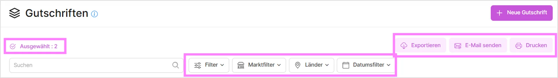 Gutschriften-Kopfbereich mit Mehrfachauswahl sowie Such-, Filter- und Exportfunktionen.